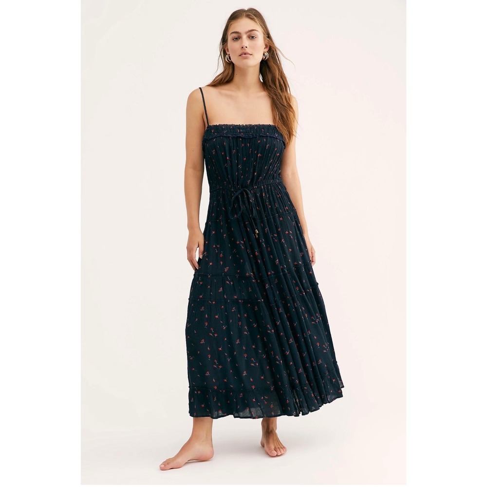 Free People Peaches Midi Dress XS Black Floral Tiered Boho Maxi